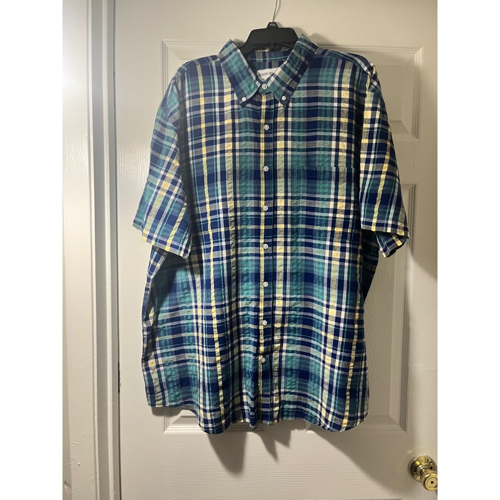 John Blair Mens 2XL Plaid Button Down Shirt Short Sleeve Cotton Blue Green